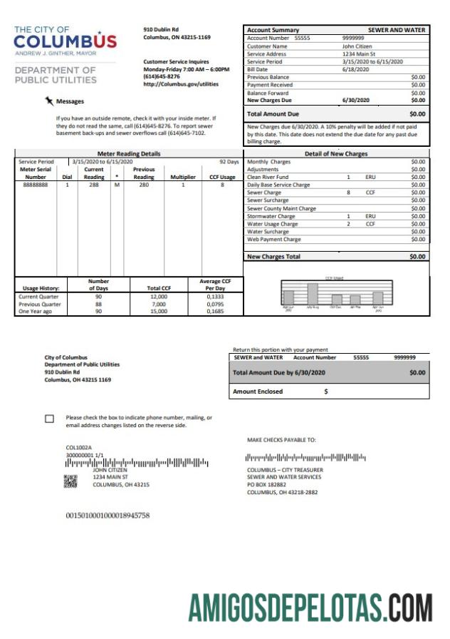 Em branco modelo de conta de serviços públicos dos EUA, Ohio, cidade de Columbus, em formato Word e PDF